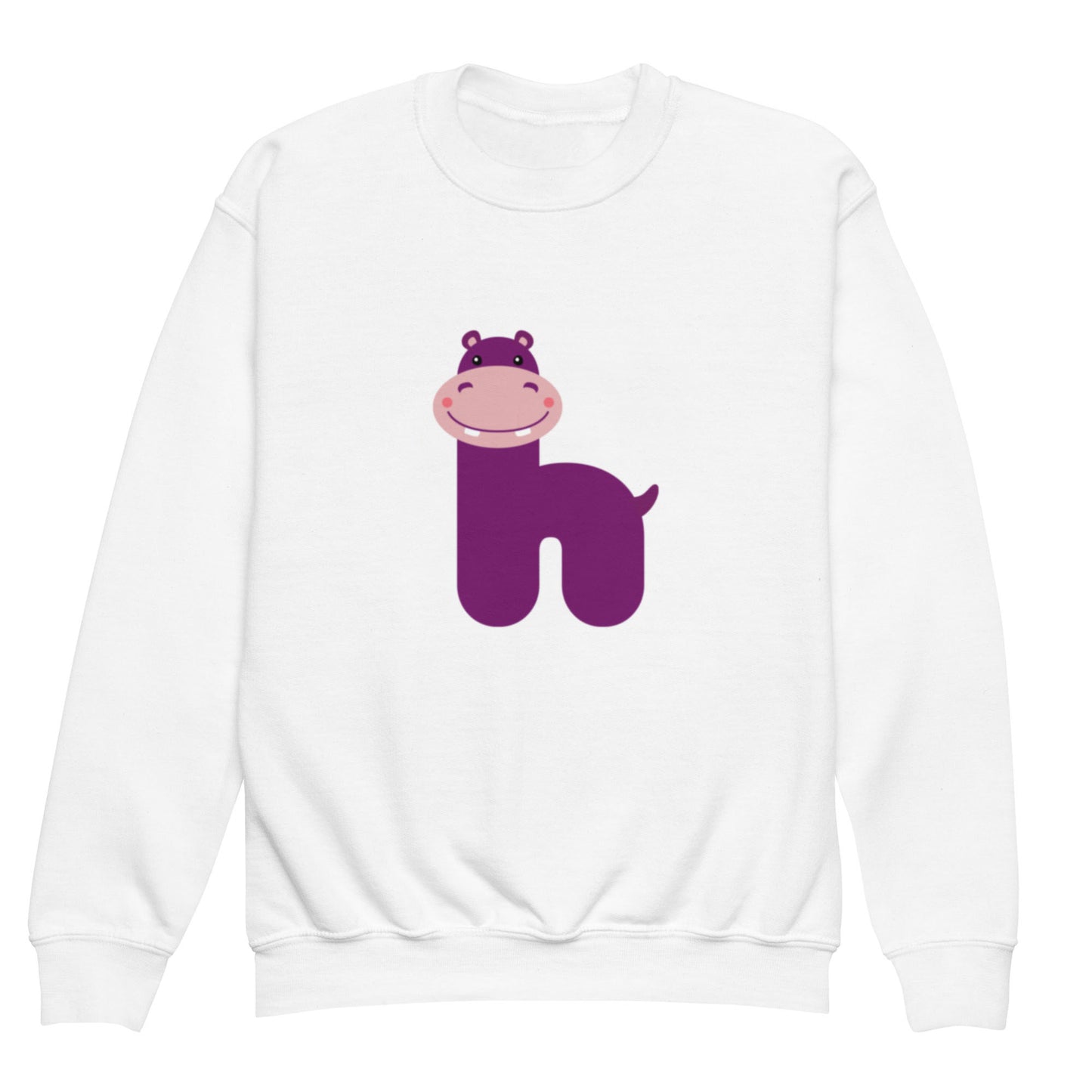 A white crewneck sweatshirt with the letter ‘H’ in the shape of a hippo illustration.