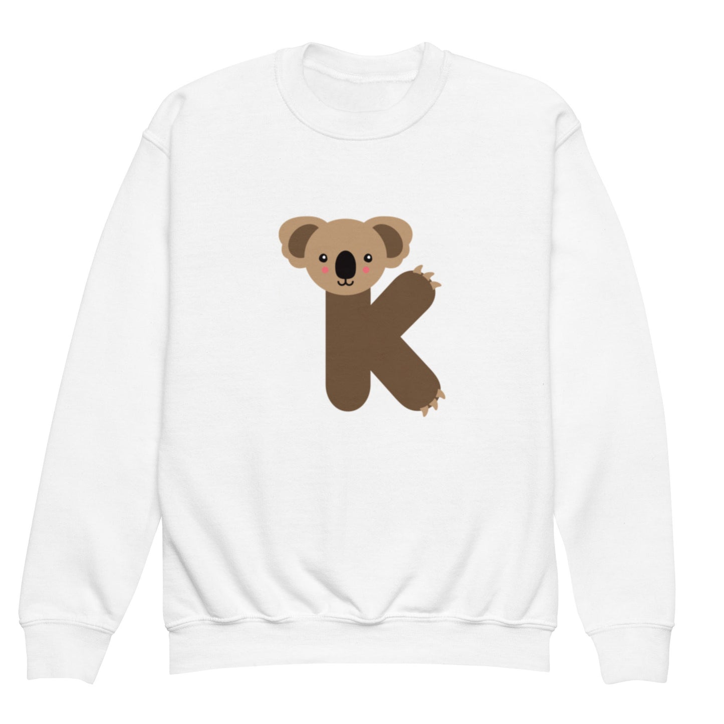 A white crewneck sweatshirt with the letter ‘K’ in the shape of a Koala illustration.