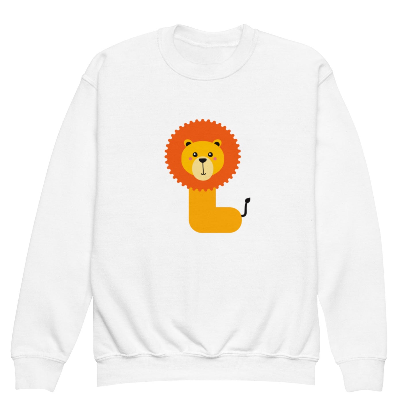 A white crewneck sweatshirt with the letter ‘L’ in the shape of a lion illustration.