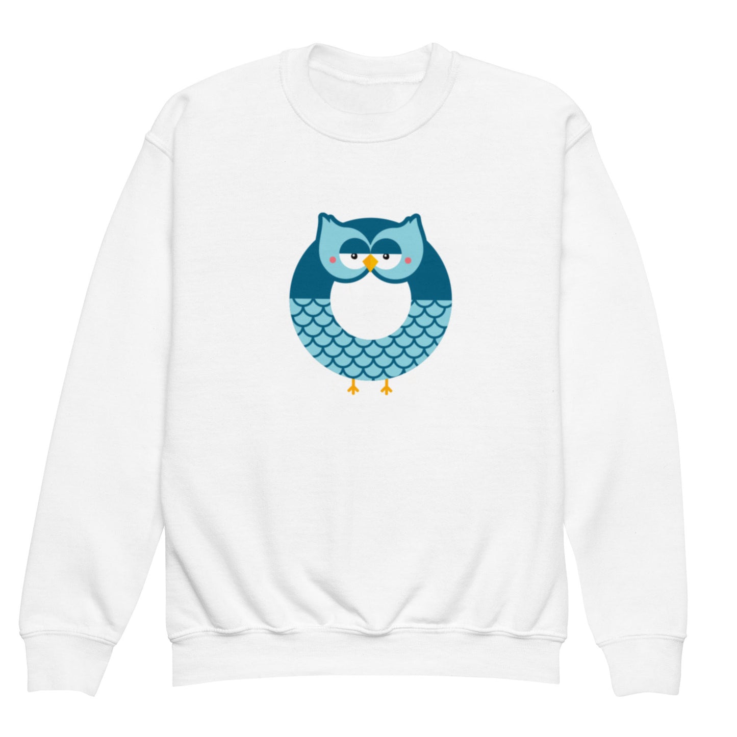 White crewneck sweatshirt with the letter 'O' in the shape of an owl illustration