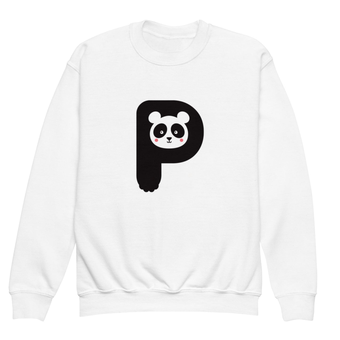 A white crewneck sweatshirt with the letter ‘P’ in the shape of a panda illustration.