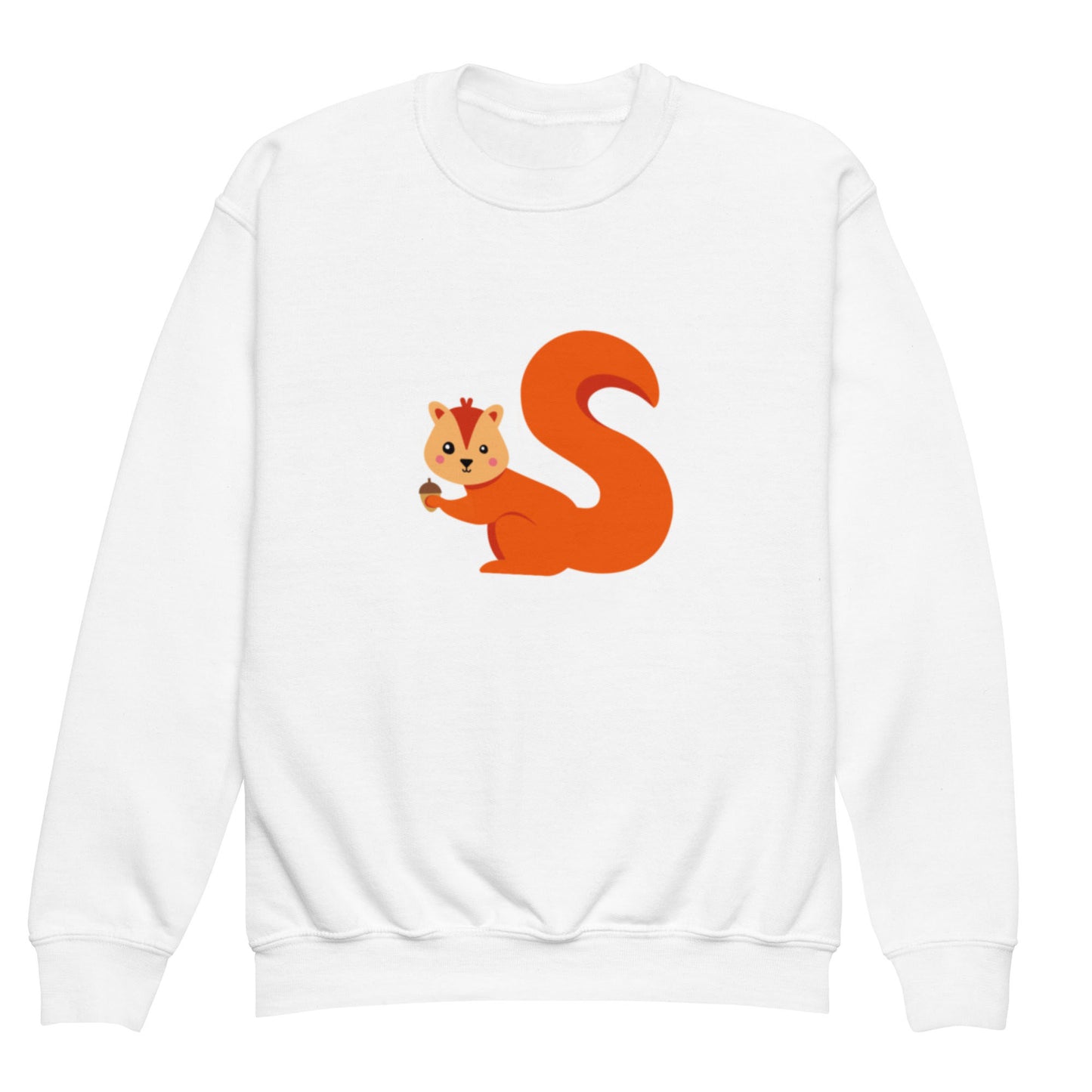 A white crewneck sweatshirt with the letter 'S' in the shape of a squirrel illustration.