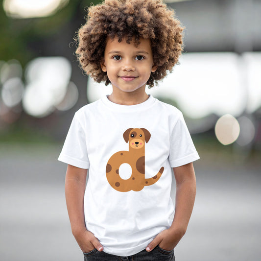 Boy wearing a white cotton t shirt with the letter D in the shape of a dog illustration, hands in pocket