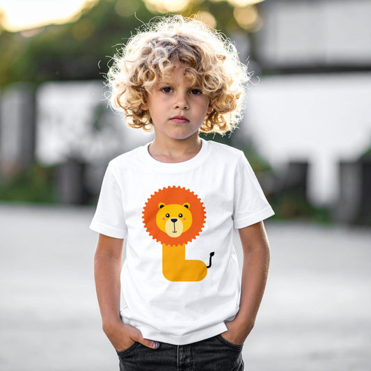Boy wearing a white cotton t shirt with the letter L in the shape of a lion illustration, hands in pocket
