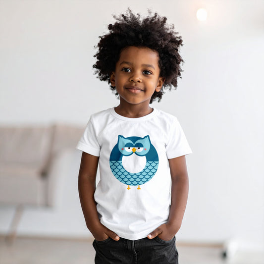 Boy wearing a white cotton t shirt with the letter O in the shape of an owl illustration, hands in pocket