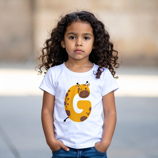 Girl wearing a white cotton t shirt with the letter G in the shape of a giraffe illustration, hands in pocket