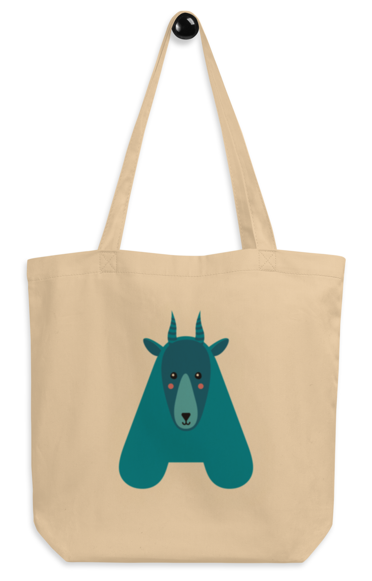 An oyster tote bag with the letter “A” in the shape of an antelope illustration.