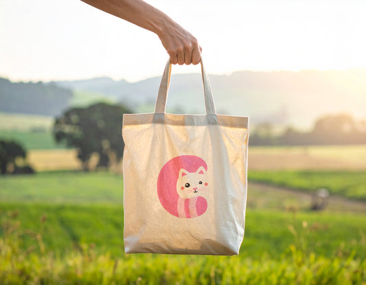 An oyster tote bag with the letter “C” in the shape of a cat illustration held by a woman hand on a blurred meadow background.