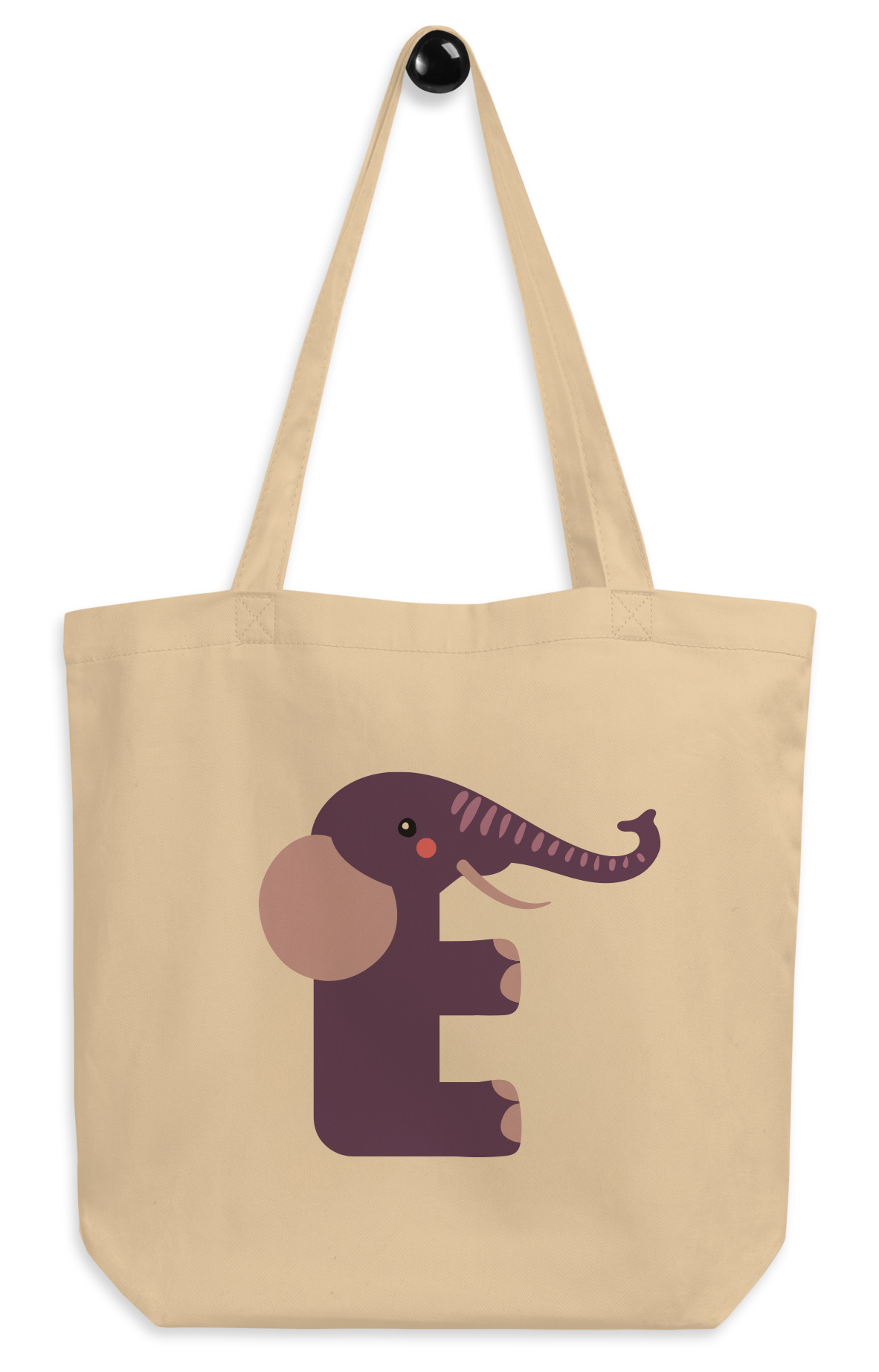 An oyster tote bag with the letter “E” in the shape of an elephant illustration.