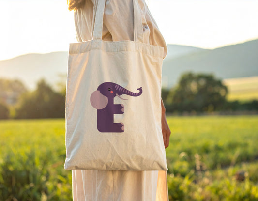 A woman carrying a tote bag with the letter "E" in the shape of an elephant illustration, standing, blurry meadow background.