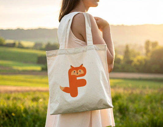 A woman carrying a tote bag with the letter F in the shape of a fox illustration, standing in a scenic outdoor setting.