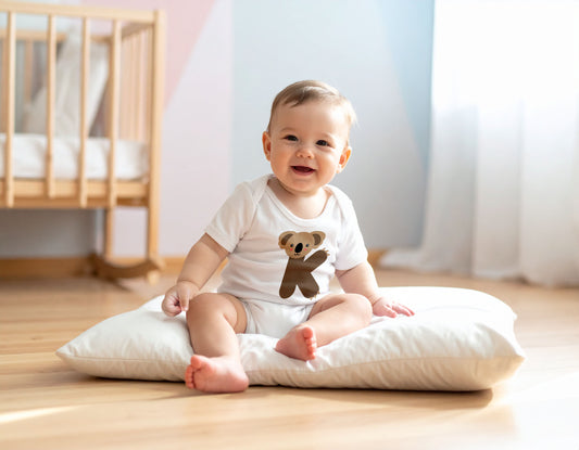 Baby wearing a white organic cotton onesie with the letter K in the shape of a koala illustration, sitting on a pillow on a wooden floor in a baby room.