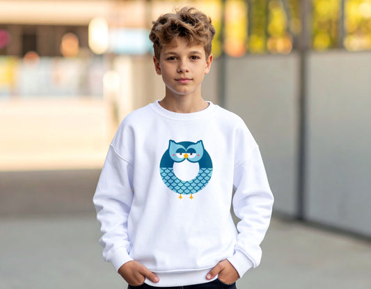 A teenage boy wearing a white crewneck sweatshirt with the letter O in the shape of an owl illustration, standing in a blurry school corridor.