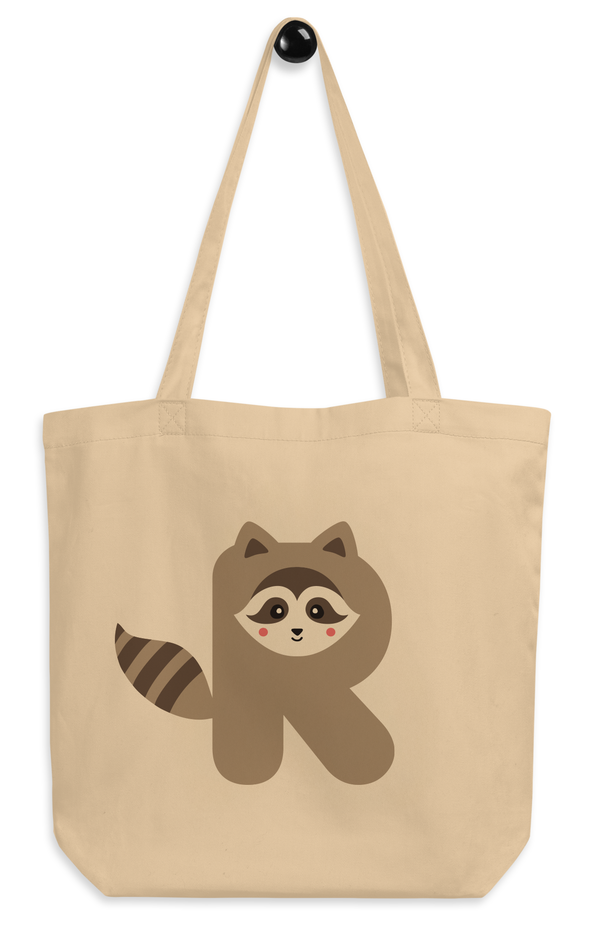 An oyster tote bag with the letter R in the shape of a raccoon illustration.