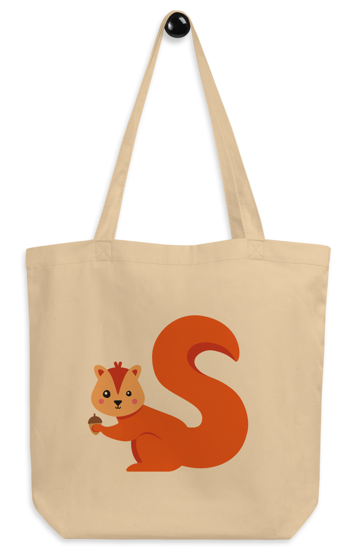 An oyster tote bag with the letter “S” in the shape of a squirrel illustration.