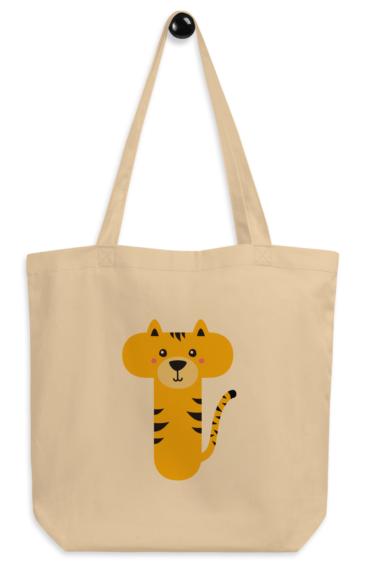 An oyster tote bag with the letter “T” in the shape of a tiger illustration.