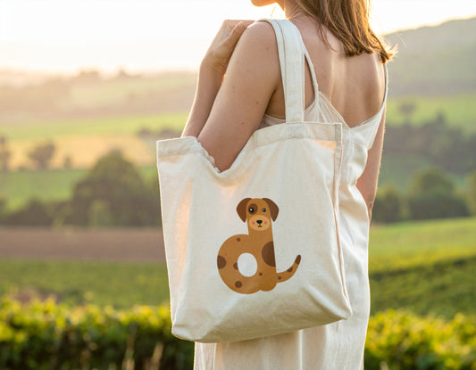 A woman carrying a tote bag with the letter "d" in the shape of a dog illustration, standing, blurry meadow background.