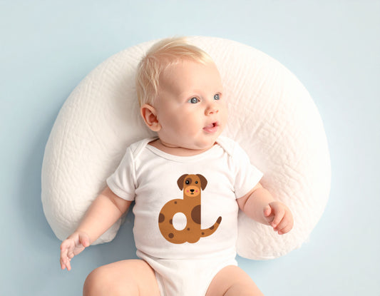 Baby wearing a white organic cotton onesie/bodysuit with the letter D in the shape of a dog illustration, sitting on a white cushion on a wooden floor.