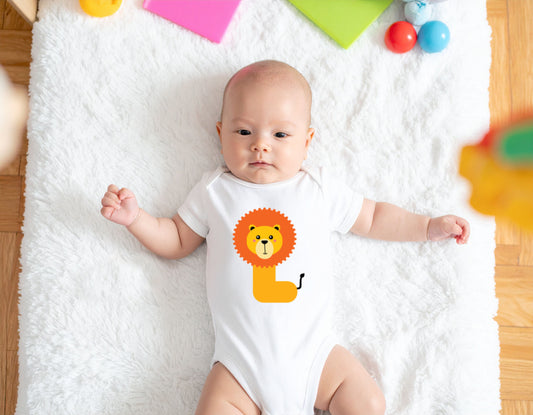 Baby wearing a white organic cotton onesie/bodysuit with the letter L in the shape of a lion illustration, lying on a fluffy white carpet on a wooden floor.